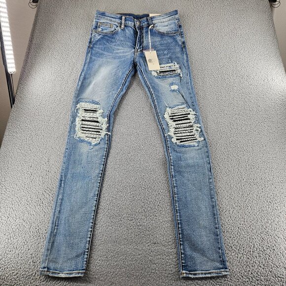 mnml Jeans Mens 31 Blue X203 Stretch Denim Distressed Ripped Slim Fit - Picture 1 of 16